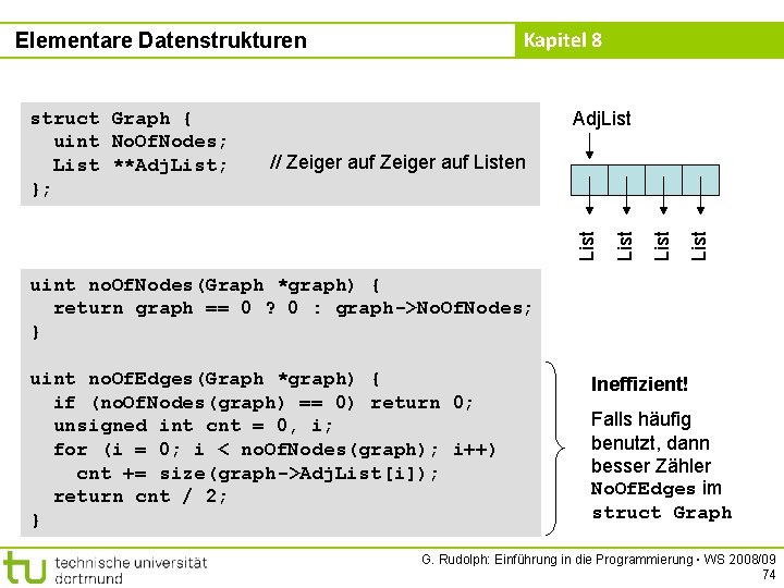 Kapitel 8 Elementare Datenstrukturen Adj. List // Zeiger auf Listen List struct Graph {