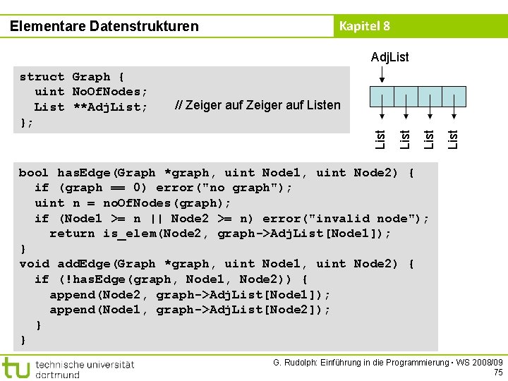 Elementare Datenstrukturen Kapitel 8 Adj. List // Zeiger auf Listen List struct Graph {