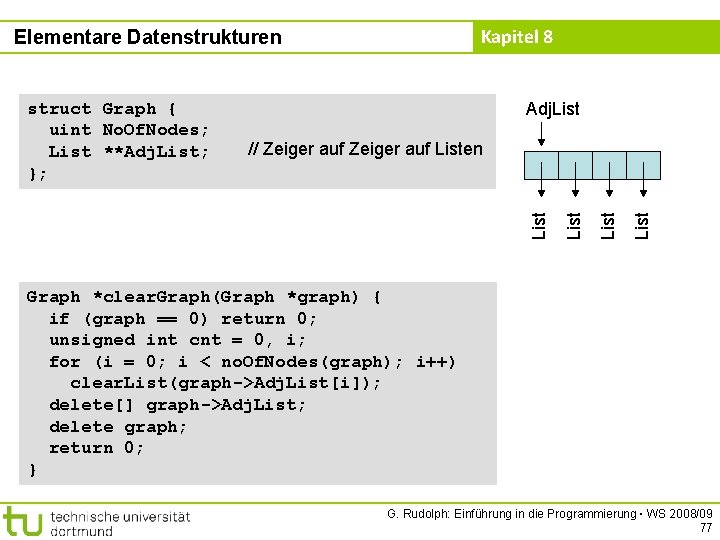 Kapitel 8 Elementare Datenstrukturen Adj. List // Zeiger auf Listen List struct Graph {