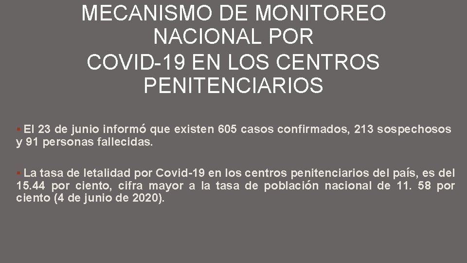 MECANISMO DE MONITOREO NACIONAL POR COVID-19 EN LOS CENTROS PENITENCIARIOS § El 23 de