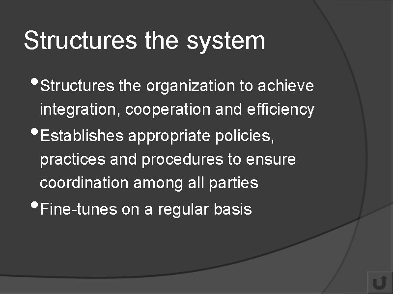 Structures the system • Structures the organization to achieve integration, cooperation and efficiency •