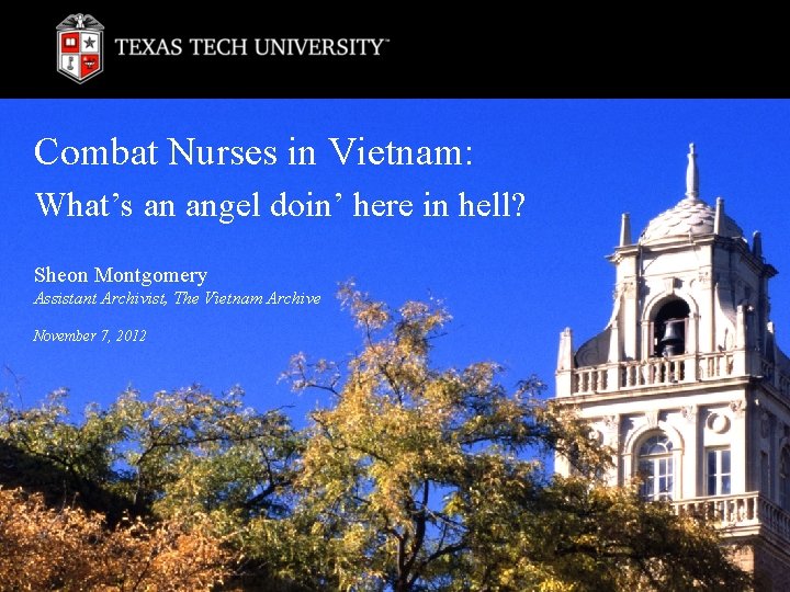 Combat Nurses in Vietnam: What’s an angel doin’ here in hell? Sheon Montgomery Assistant