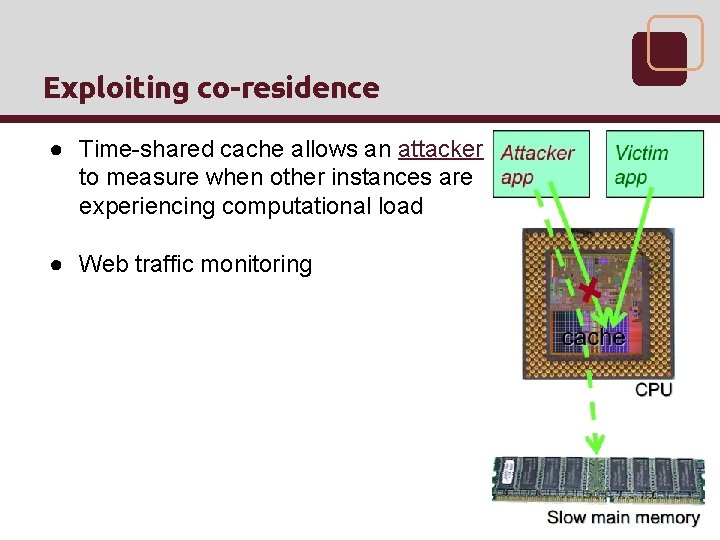 Exploiting co-residence ● Time-shared cache allows an attacker to measure when other instances are