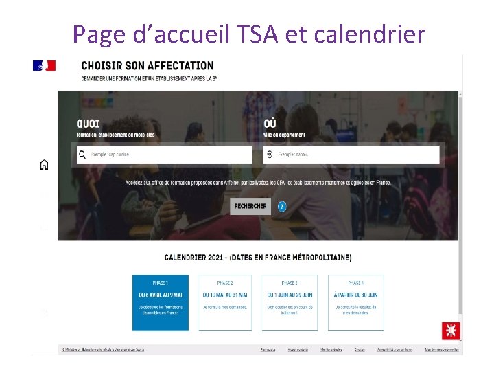 Page d’accueil TSA et calendrier 