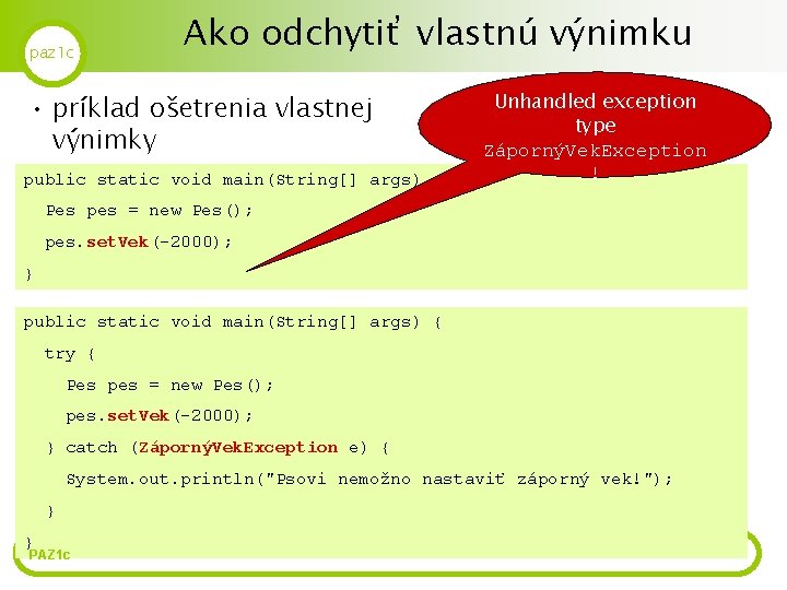 paz 1 c Ako odchytiť vlastnú výnimku • príklad ošetrenia vlastnej výnimky public static