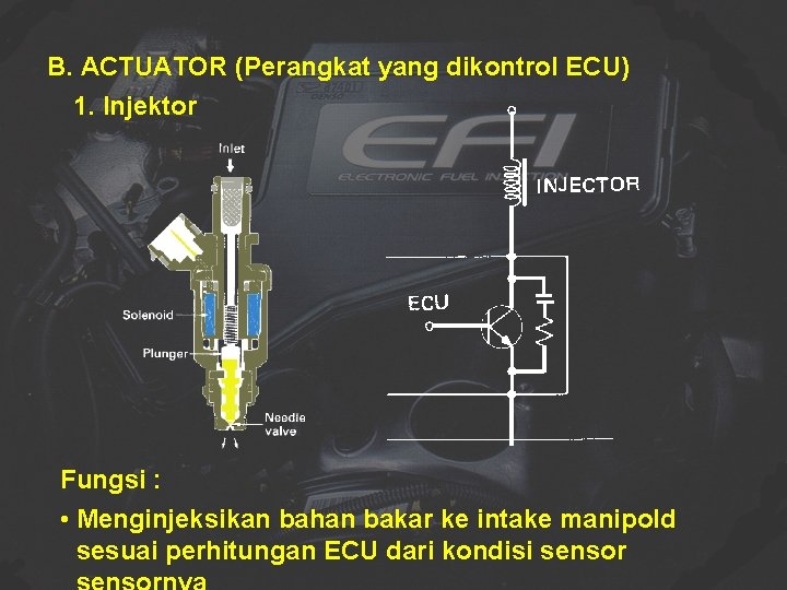B. ACTUATOR (Perangkat yang dikontrol ECU) 1. Injektor Fungsi : • Menginjeksikan bahan bakar