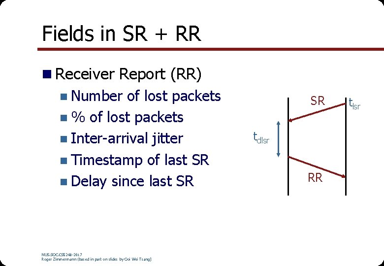 Fields in SR + RR n Receiver Report (RR) n Number of lost packets