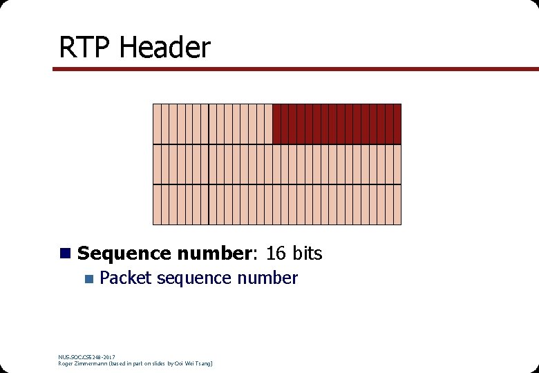 RTP Header n Sequence number: 16 bits n Packet sequence number NUS. SOC. CS