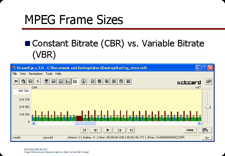 MPEG Frame Sizes n Constant Bitrate (CBR) vs. Variable Bitrate (VBR) NUS. SOC. CS