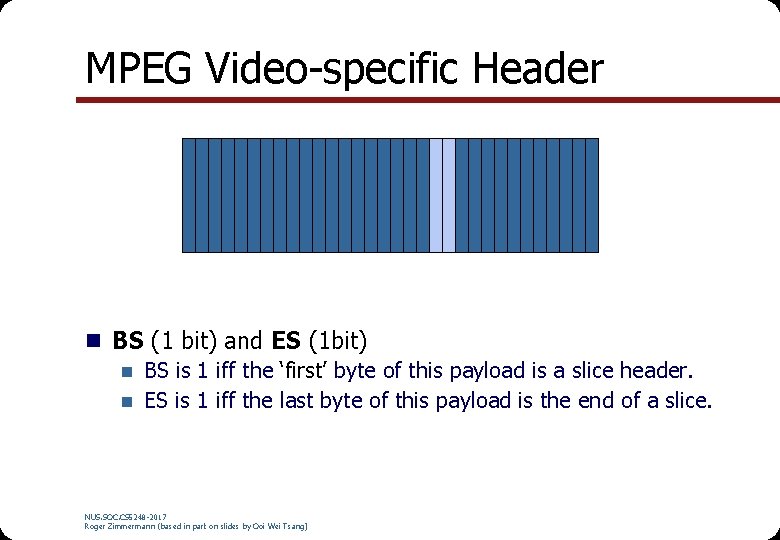 MPEG Video-specific Header n BS (1 bit) and ES (1 bit) n BS is