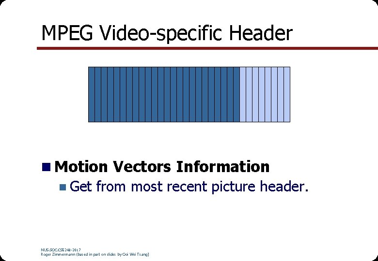MPEG Video-specific Header n Motion Vectors Information n Get from most recent picture header.