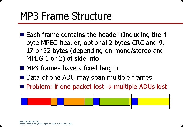 MP 3 Frame Structure n Each frame contains the header (Including the 4 byte