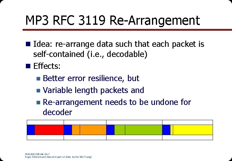 MP 3 RFC 3119 Re-Arrangement n Idea: re-arrange data such that each packet is