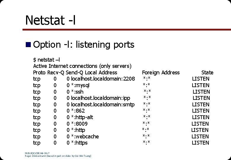 Netstat -l n Option -l: listening ports $ netstat –l Active Internet connections (only