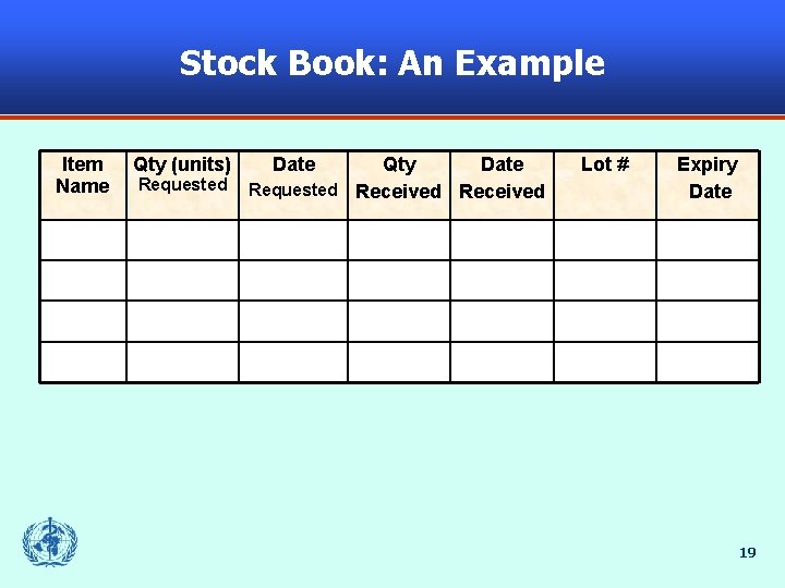 Stock Book: An Example Item Name Qty (units) Requested Date Qty Date Requested Received