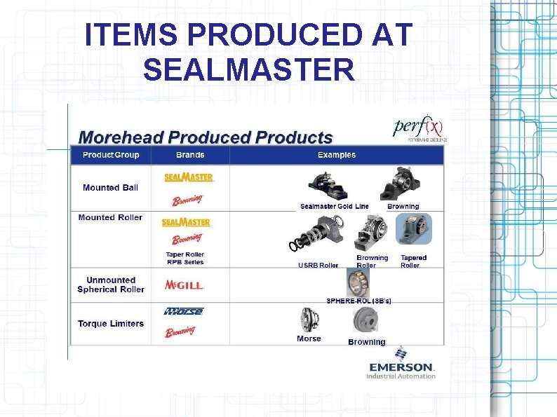 ITEMS PRODUCED AT SEALMASTER 