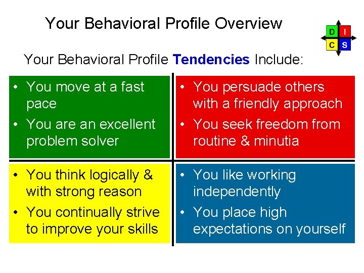 Your Behavioral Profile Overview Your Behavioral Profile Tendencies Include: • You move at a Your Behavioral Profile Overview Your Behavioral Profile Tendencies Include: • You move at a