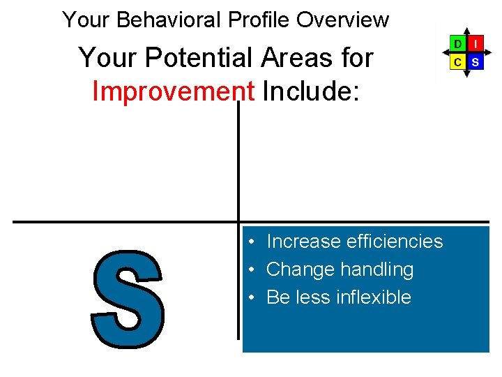 Your Behavioral Profile Overview Your Potential Areas for Improvement Include: S • Increase efficiencies