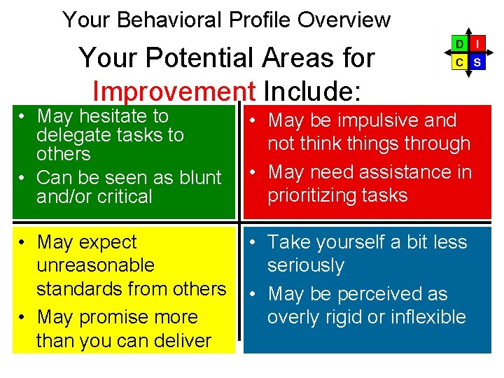 Your Behavioral Profile Overview Your Potential Areas for Improvement Include: D C • May