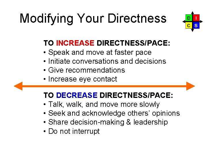 Modifying Your Directness TO INCREASE DIRECTNESS/PACE: • Speak and move at faster pace • Modifying Your Directness TO INCREASE DIRECTNESS/PACE: • Speak and move at faster pace •