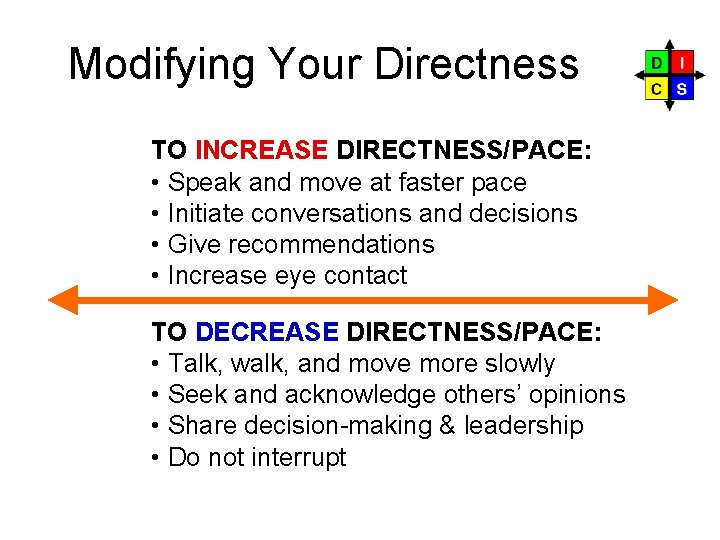 Modifying Your Directness TO INCREASE DIRECTNESS/PACE: • Speak and move at faster pace •