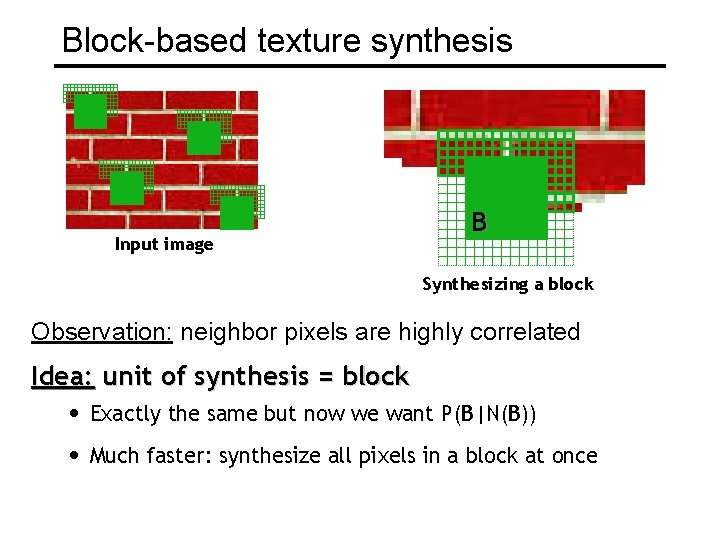 Block-based texture synthesis Input image p B Synthesizing a block Observation: neighbor pixels are
