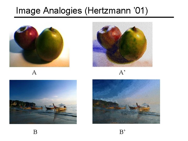 Image Analogies (Hertzmann ’ 01) A A’ B B’ 