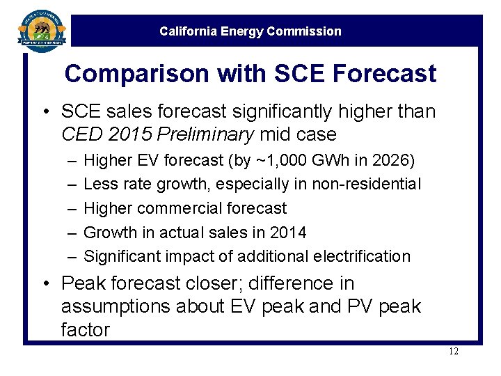 California Energy Commission Comparison with SCE Forecast • SCE sales forecast significantly higher than
