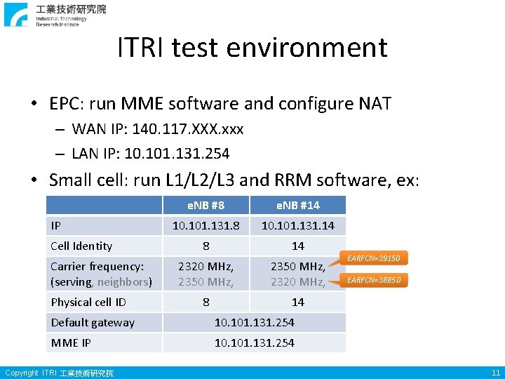 ITRI test environment • EPC: run MME software and configure NAT – WAN IP: