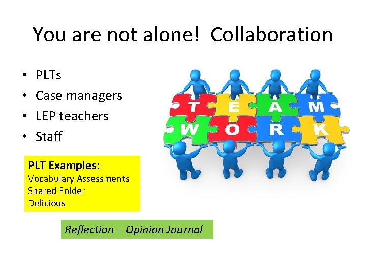 You are not alone! Collaboration • • PLTs Case managers LEP teachers Staff PLT