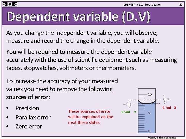 CHEMISTRY 1. 1 - Investigation 20 Dependent variable (D. V) As you change the