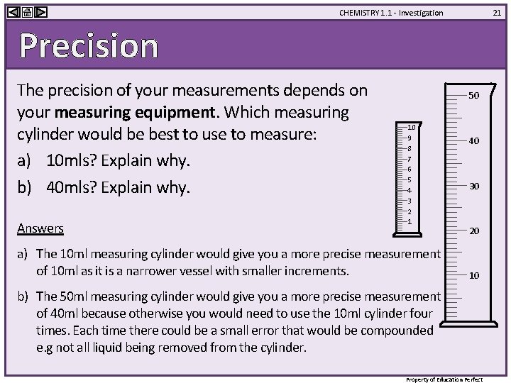 CHEMISTRY 1. 1 - Investigation 21 Precision The precision of your measurements depends on