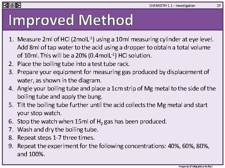 CHEMISTRY 1. 1 - Investigation Improved Method 1. Measure 2 ml of HCl (2