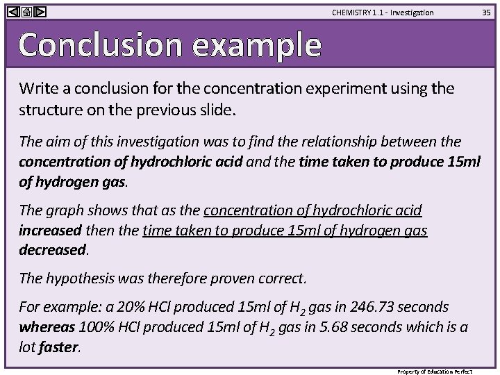 CHEMISTRY 1. 1 - Investigation Conclusion example Write a conclusion for the concentration experiment