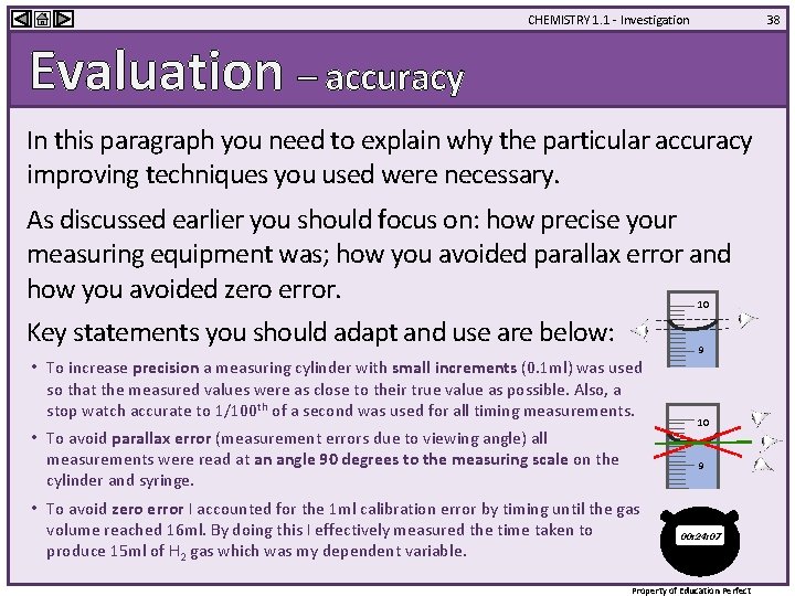 CHEMISTRY 1. 1 - Investigation 38 Evaluation – accuracy In this paragraph you need