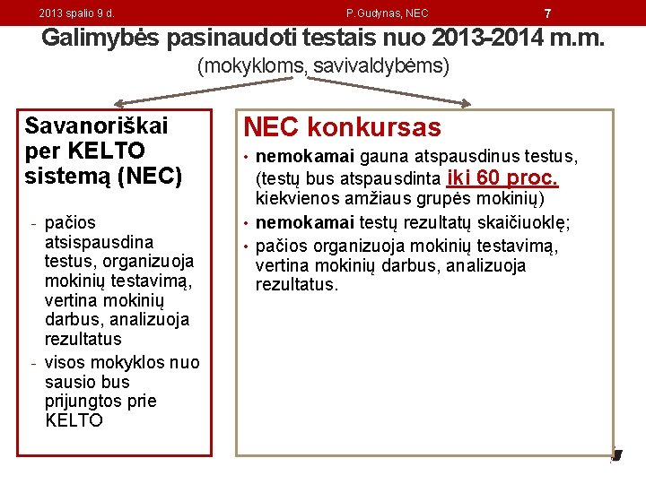 2013 spalio 9 d. P. Gudynas, NEC 7 Galimybės pasinaudoti testais nuo 2013 -2014