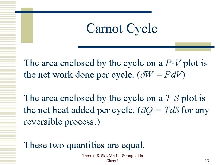 Carnot Cycle The area enclosed by the cycle on a P-V plot is the