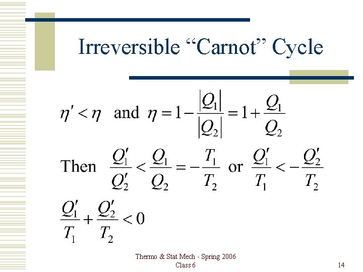 Irreversible “Carnot” Cycle Thermo & Stat Mech - Spring 2006 Class 6 14 