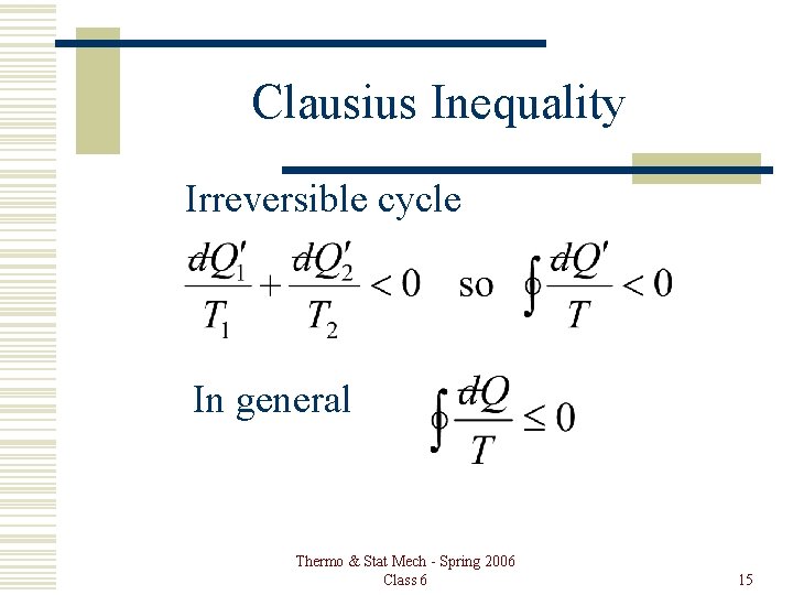 Clausius Inequality Irreversible cycle In general Thermo & Stat Mech - Spring 2006 Class