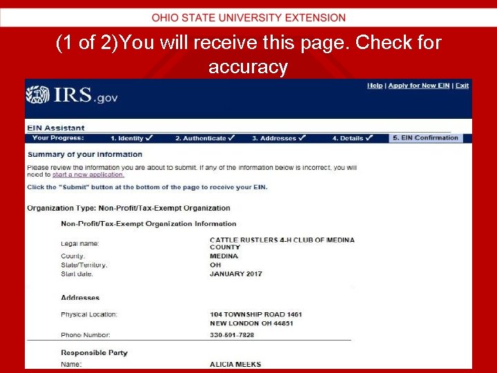 (1 of 2)You will receive this page. Check for accuracy 