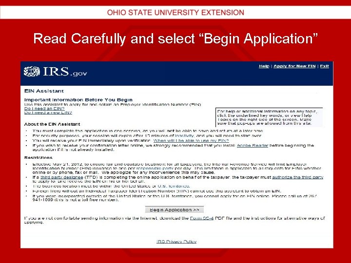 Read Carefully and select “Begin Application” 