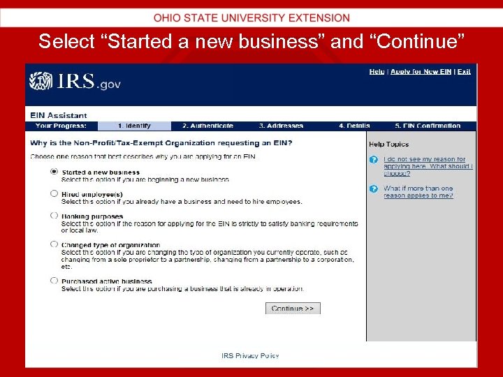 Select “Started a new business” and “Continue” 