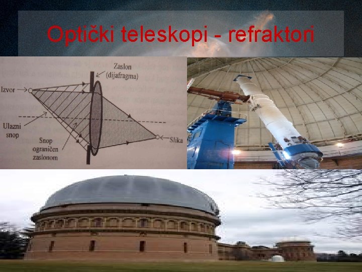 Optički teleskopi - refraktori Ø refratktori, prvi teleskopi Ø 2 konvergentne leće: objektiv i