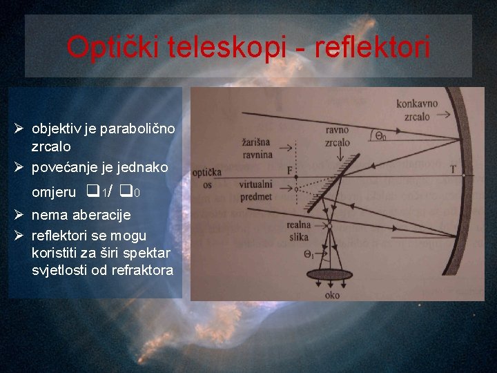 Optički teleskopi - reflektori Ø objektiv je parabolično zrcalo Ø povećanje je jednako omjeru