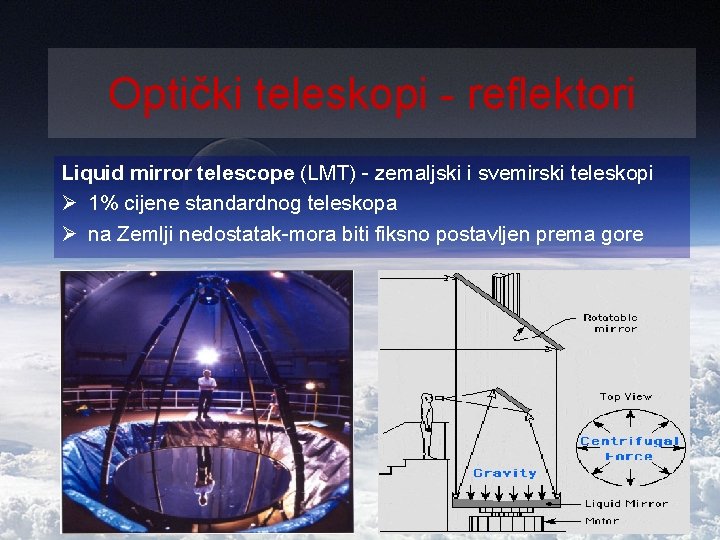 Optički teleskopi - reflektori Liquid mirror telescope (LMT) - zemaljski i svemirski teleskopi Ø