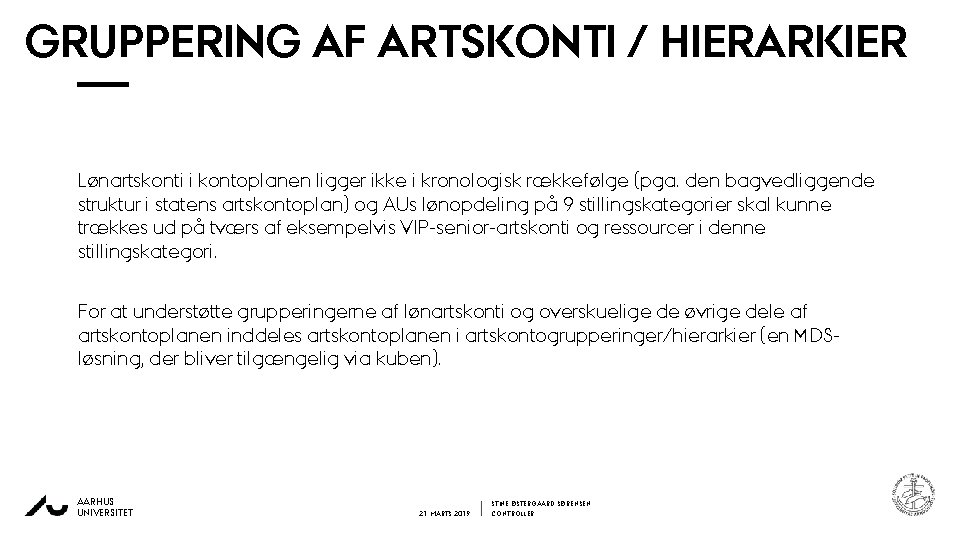 GRUPPERING AF ARTSKONTI / HIERARKIER Lønartskonti i kontoplanen ligger ikke i kronologisk rækkefølge (pga.