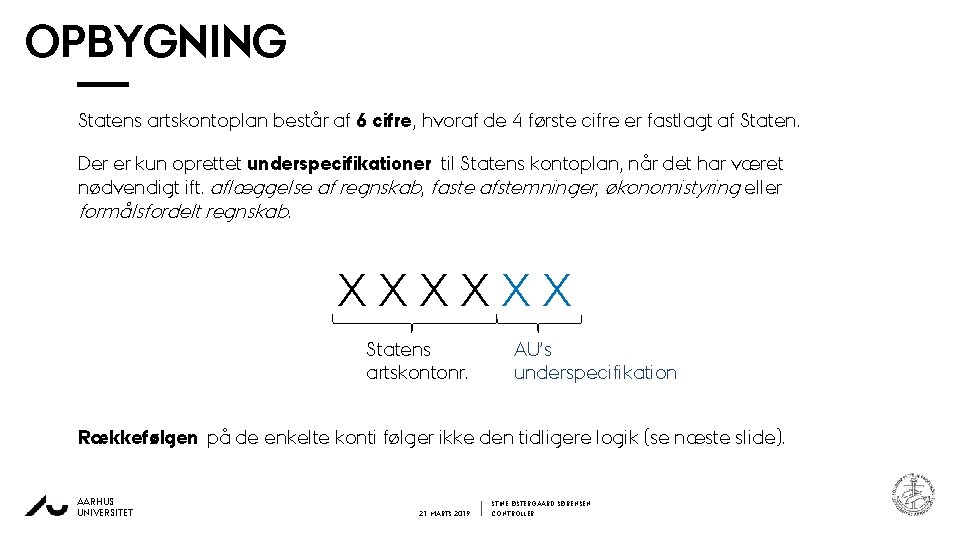 OPBYGNING Statens artskontoplan består af 6 cifre, hvoraf de 4 første cifre er fastlagt