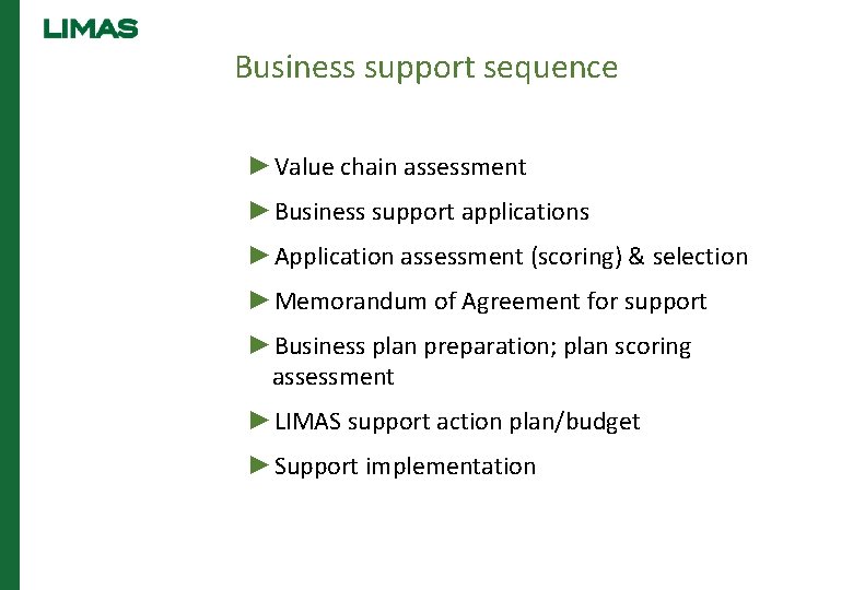 Business support sequence ►Value chain assessment ►Business support applications ►Application assessment (scoring) & selection