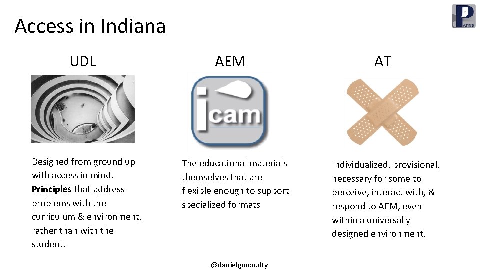 Access in Indiana UDL Designed from ground up with access in mind. Principles that