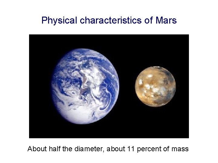 Physical characteristics of Mars About half the diameter, about 11 percent of mass Physical characteristics of Mars About half the diameter, about 11 percent of mass